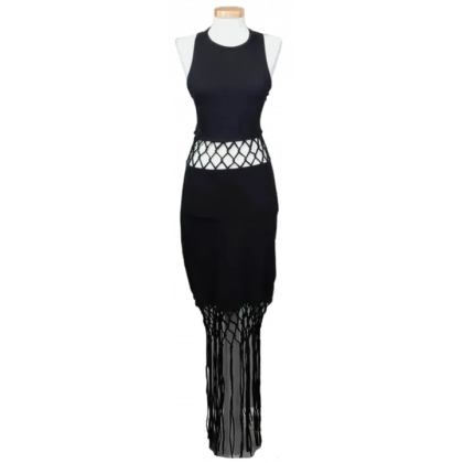 Divided H&M Damen Maxikleid mit Fransen schwarz Gr. M