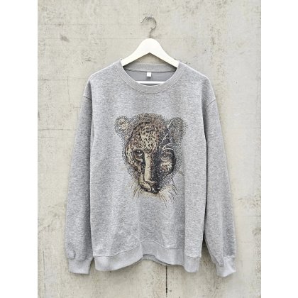 Damen Pullover mit Leopardenkopf, grau - Gr. L