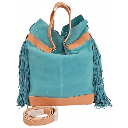 Max V. Koenig Damen Lederhandtasche mit Fransen, t&uuml;rkis/beige - H&ouml;he ca. 37 cm 