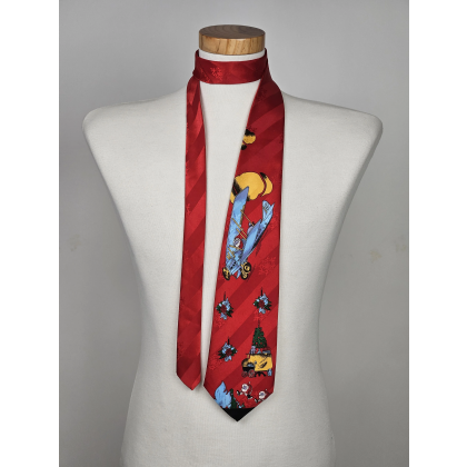 Vintage Gold Tower Seidenkrawatte "Flying Santa", Doppeldecker & Weihnachten, rot