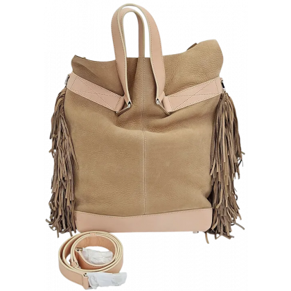 Max V. Koenig Damen Lederhandtasche mit Fransen, beige/creme - H&ouml;he ca. 37 cm 