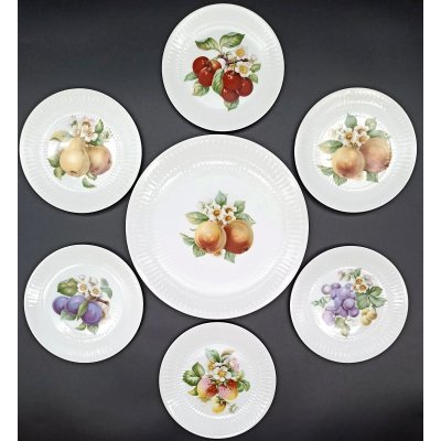 Vintage Hutschenreuther Selb - strukturierte Porzellan-Kuchenplatte mit 6 Gebäcktellern (Serie Apart / Obst-Serie)