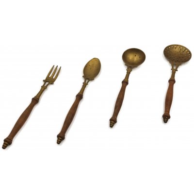 Vintage Servierbesteck aus Messing & Holz 4er Set 