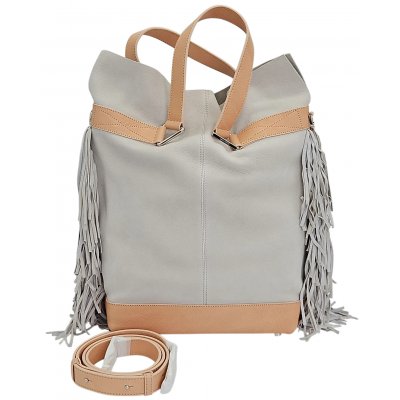 Max V. Koenig Damen Lederhandtasche mit Fransen, grau/creme - Höhe ca. 37 cm 