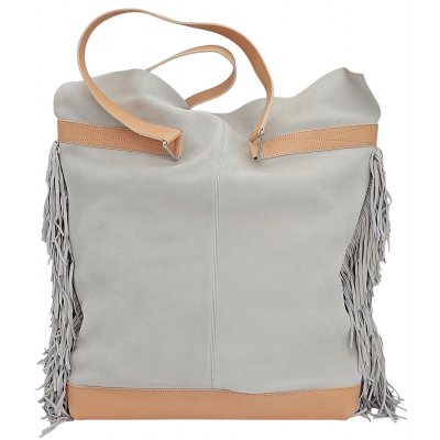 Max V. Koenig Damen Lederhandtasche mit Fransen, grau/creme - Höhe ca. 50 cm