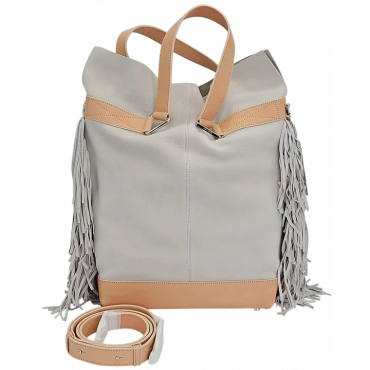 Max V. Koenig Damen Lederhandtasche mit Fransen, grau/creme - Höhe ca. 37 cm 