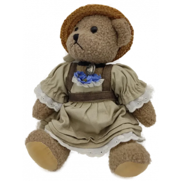 Teddy Bär mit Kleid und Strohhut Vintage