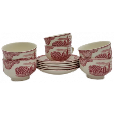 Johnson Bros England "Old Britain Castles" Set (6 Tassen +6 Untertassen) weiß/rot