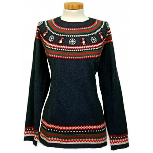 Famy Damen Weihnachtspullover dunkelblau gemustert Gr. L 42/44