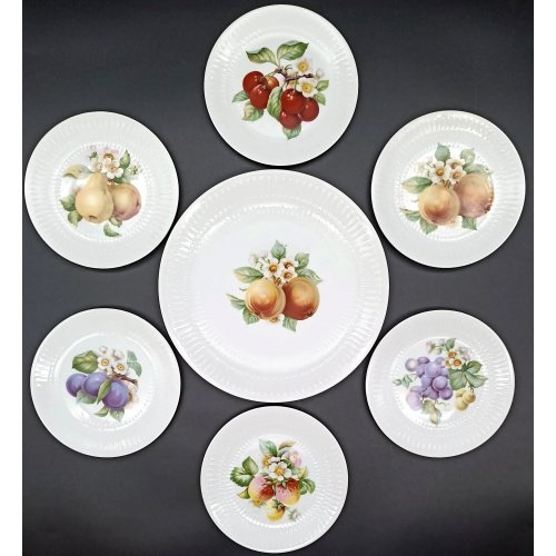 Vintage Hutschenreuther Selb - strukturierte Porzellan-Kuchenplatte mit 6 Gebäcktellern (Serie Apart / Obst-Serie)