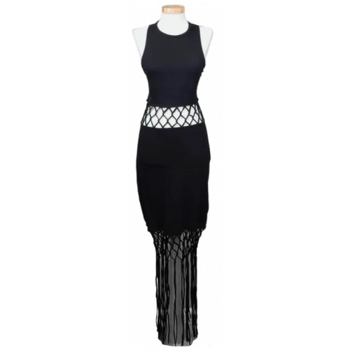 Divided H&M Damen Maxikleid mit Fransen schwarz Gr. M