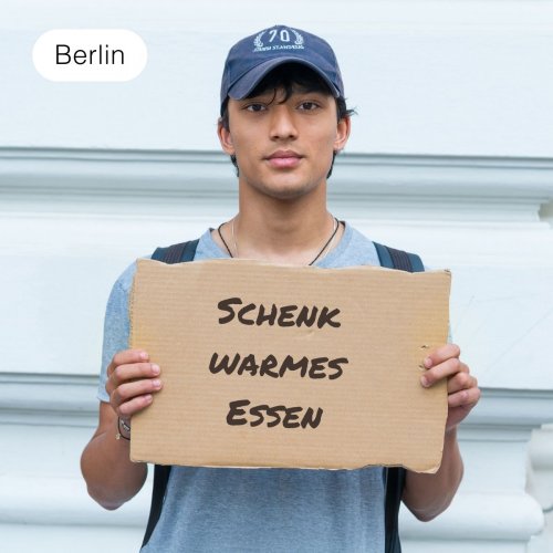 Schenk obdachlosen Menschen ein warmes Essen