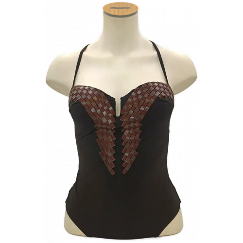 LA PERLA Badeanzug schwarz mit Kunstleder-Applikationen Gr. 38