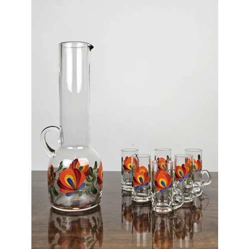 Dekorative Glaskaraffe & Schnapsgläser 6 Stück (handbemalt)